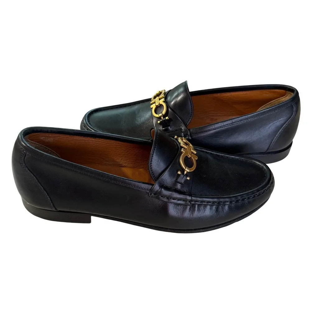 Salvatore Ferragamo Gancini Bit Loafers Mens 8.5 EE Black Leather Luxury Preppy